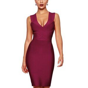 Women Wide Strap V-Neck Cross Over Design Stretchy Elegant Fitted Bandage Dress